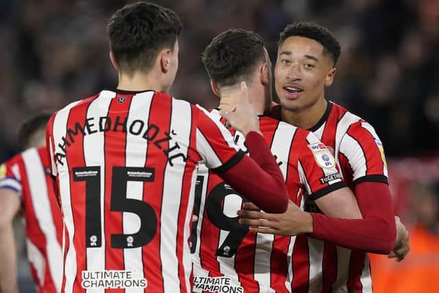 Daniel Jebbison of Sheffield United celebrates scoring the first goal during the Sky Bet Championship match against Hull at Bramall Lane. Picture: Andrew Yates / Sportimage