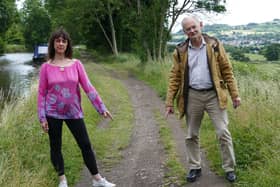Two Green Party local councillors out campaigning on a local issue of the state of the canal path between Silesden and Kildwick. Caroline Whitaker is on Bradford Council and Andy Brown on North Yorkshire County Council and Craven District Council