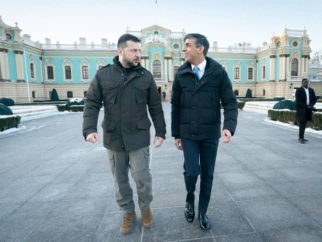 Prime Minister Rishi Sunak walks with President Volodymyr Zelensky (right) during a visit to the Presidential Palace in Kyiv, Ukraine. PIC: Stefan Rousseau/PA Wire