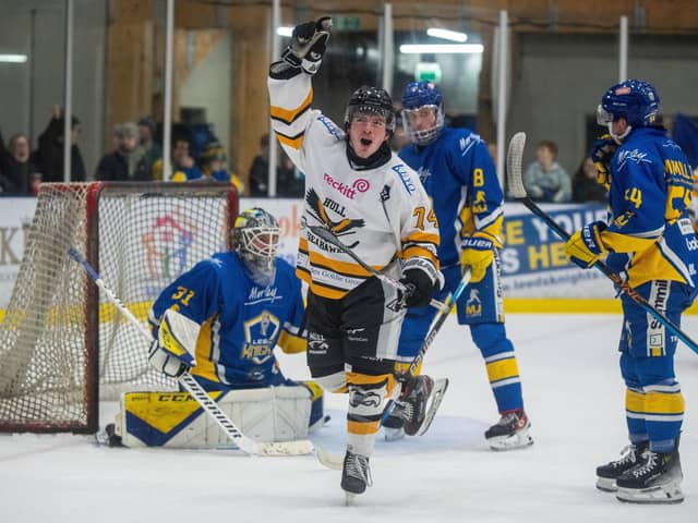 KNOCKED OUT: Lee Bonner celebrates scoring Hull Seahawks second goal in Friday night's 5-1 win against Leeds Knights in the second leg of the NIHL National Cup semi-final. Picture: Bruce Rollinson