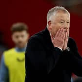 Chris Wilder, manager of Sheffield United, can barely look during the 5-0 defeat to Aston Villa (Picture: Catherine Ivill/Getty Images)