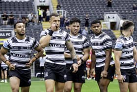 Hull FC's Darnell McIntosh, Carlos Tuimavave, Andre Savelio and Joe Lovodua dejected after their side's loss to Catalans. (Photo: Allan McKenzie/SWpix.com)