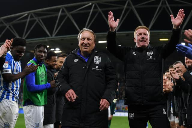 BOWING OUT: Terriers Neil Warnock takes a guard of honour with assistant Ronnie Jepson after their last game at Huddersfield Town