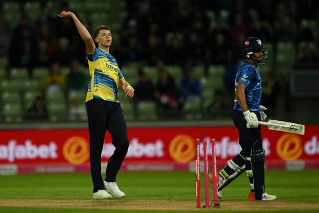 End of a fine innings: Jafer Chohan showed great fight with the bat in Yorkshire's opening T20 game, the leg-spinner whacking a rapid 37 before being bowled by Birmingham's Henry Brookes. Picture: Gareth Copley/Getty Images.