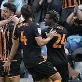 Hull City's hat-trick hero Ozan Tufan celebrates one of his goals in the 4-2 success over Yorkshire rivals Sheffield Wednesday. Picture: Steve Ellis.