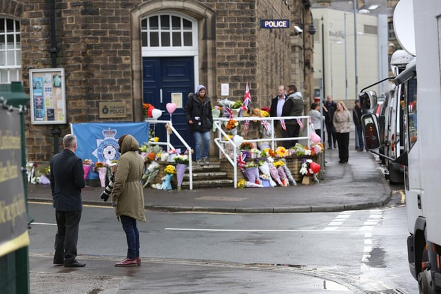 Filming scene for Happy Valley series one outside Sowerby Bridge police station.
