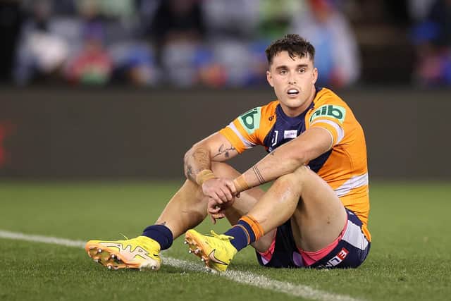 Tex Hoy appears dejected following a loss to Canberra Raiders. (Photo by Cameron Spencer/Getty Images)