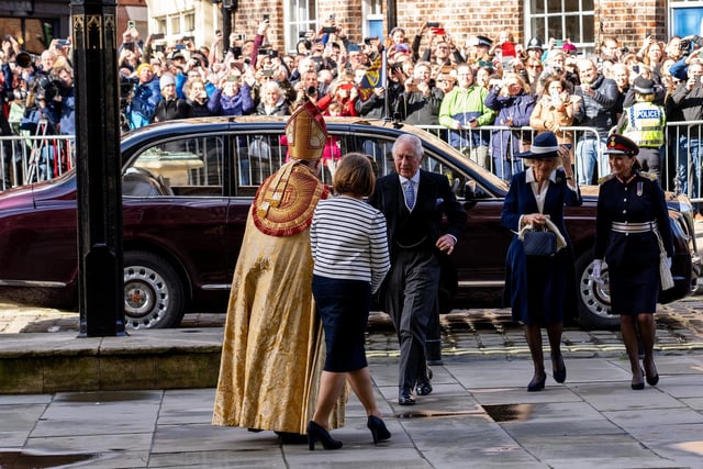 King Charles III and the Queen Consort arriving for the Royal Maundy Service at York Minster. Picture date: Thursday April 6, 2023.