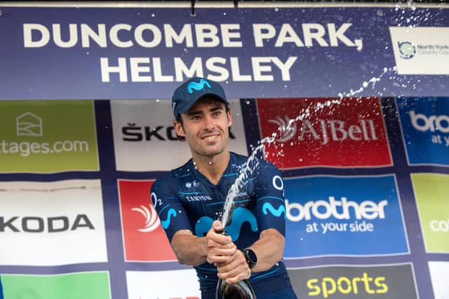 Tour of Britain. Stage 4, Redcar to Helmsley.  
Stage winner Gonzalo Serrano celebrates his win on the podium.
7 September 2022.  Picture Bruce Rollinson