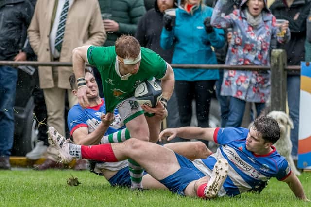 CLOSE CALL: Action from the National North Two clash between Wharfedale and Sheffield at Threshfield back in September. Picture: Ro Burridge/Wharfedale RUFC.