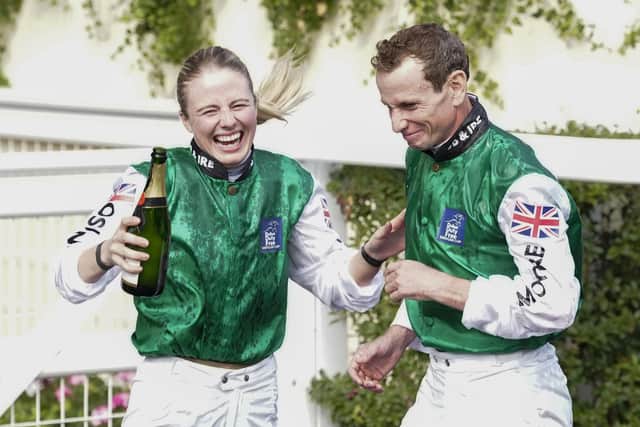Making a splash: Saffie Osborne and Ryan Moore after she had sprayed Champagne over him after captaining Great Britain & Ireland to win The Shergar Cup during The Dubai Duty Free Shergar Cup at Ascot in August. (Photo by Alan Crowhurst/Getty Images)