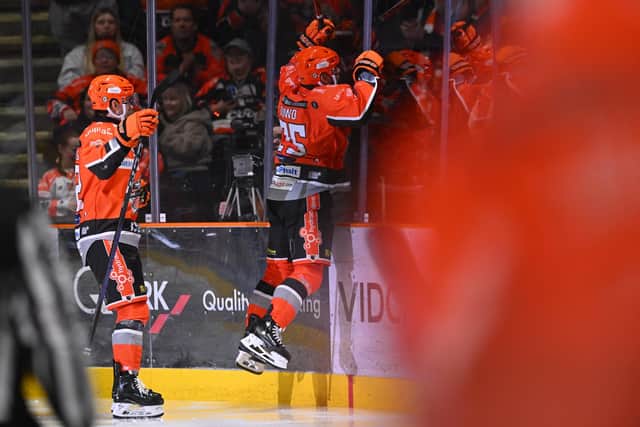 THE GREAT LEVELLER: Robert Dowd celebrates his third period equaliser for Sheffield Steelers against Nottingham Panthers. Picture: Dean Woolley/Steelers Media.