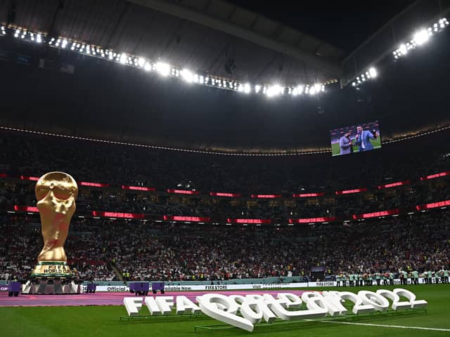 A general view shows a replica of the World Cup trophy ahead of the Qatar 2022 World Cup Group B football match between England and USA at the Al-Bayt Stadium in Al Khor, north of Doha on November 25, 2022. (Photo by PAUL ELLIS/AFP via Getty Images)