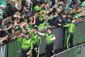 The joy of the Irish. Players and fans celebrate after their historic victory over England at the T20 World Cup. Photo: Scott Barbour/PA Wire.