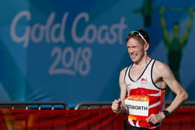 Finest hour: England's Tom Bosworth pushes himself through the pain barrier, as he did every day in training, on his way to a silver medal in the 20k race walk at the 2018 Commonwealth Games (Picture: ADRIAN DENNIS/AFP via Getty Images)