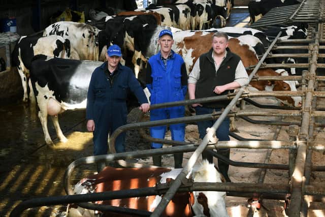 Ross Johnson from Low Whinholme Farm, near Northallerton, who has just won dairy farm of the year with his father Colin (centre) and uncle Robin (left).