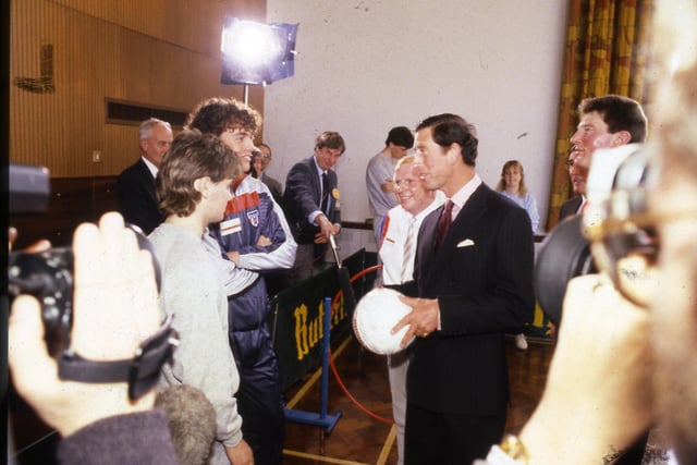 The Princes receives an SAFC autographed football from Gordon Armstrong during a visit in February 1988.