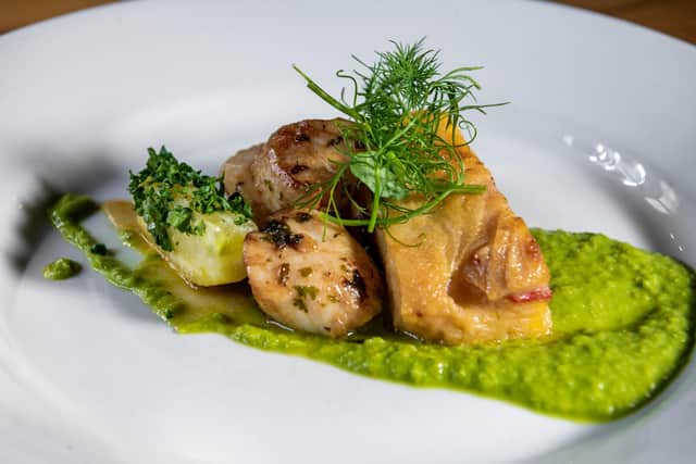 Pan fried scallops, chorizo & parmesan dauphinoise potatoes, Pea Purée. Picture By Yorkshire Post Photographer,  James Hardisty.