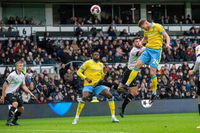 Sheffield Wednesday's Michael Smith heads towards goal against Derby. Picture: Bruce Rollinson