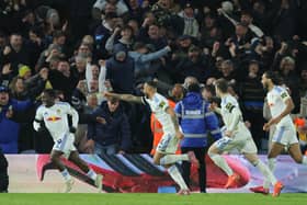 VICTORY PARADE: Willy Gnonto leads the Leed's United celebrations after the winning goal by Lukas Nmecha (second from left) (Image: Richard Sellers/PA Wire)