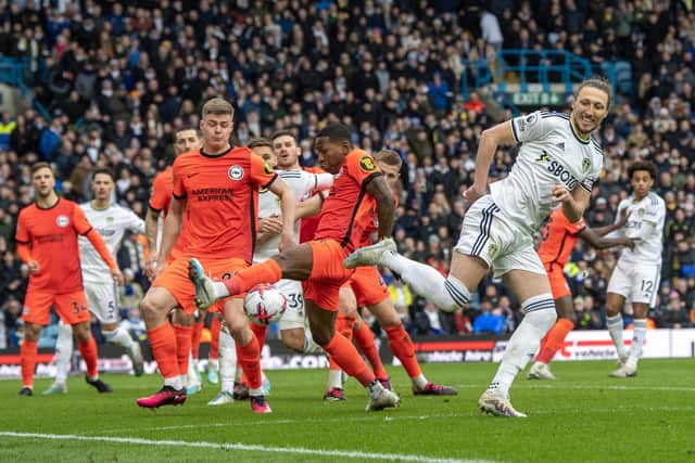 IMPROVISATION: Leeds United defender Luke Ayling flicks the ball towards the Brighton and Hove Albion goal
