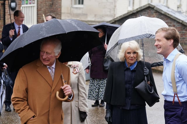 King Charles III and the Queen Consort arrive for a visit to Talbot Yard Food Court in Yorkersgate, Malton, North Yorkshire, to meet food and drink producers with shops and to hear more about their locally produced goods. Picture date: Wednesday April 5, 2023.