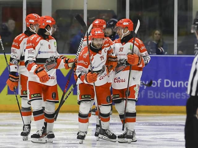 ICE ROAD MUCKERS: Captain Robert Dowd celebrates one of his two goals in Sheffield Steelers' 5-0 win at Dundee Stars on Sunday night. Picture: Derek Black/EIHL Media.