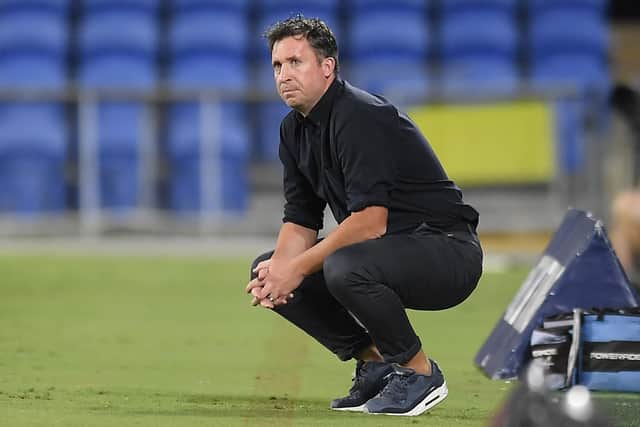 GOLD COAST, AUSTRALIA - MARCH 20: Brisbane Roar coach Robbie Fowler watches on during the round 27 A-League match between the Brisbane Roar and the Newcastle Jets at Cbus Super Stadium on March 20, 2020 in Gold Coast, Australia. (Photo by Albert Perez/Getty Images)