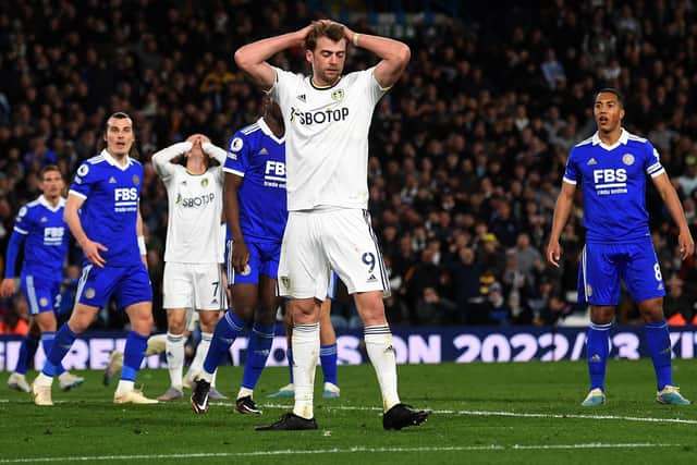 Leeds United's Patrick Bamford reacts after missing a late chance against Leicester City (Picture:Jonathan Gawthorpe)