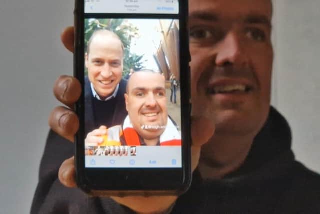 Sheffield royal family fan Leigh Stinchcombe and his selfie with Prince William he took on March 19 on a visit to the Steel City.