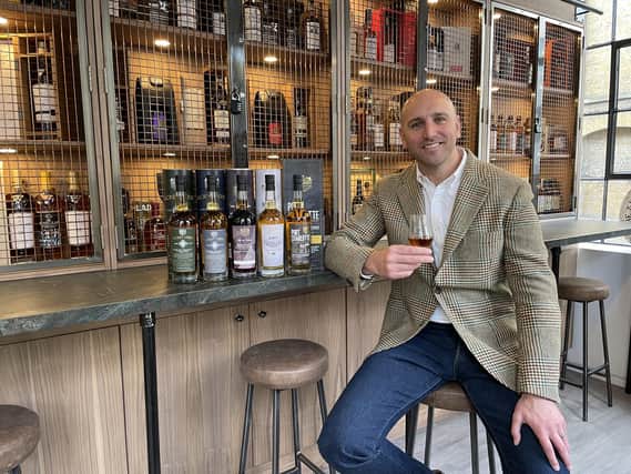 Sam Brooks, Founder of ‘Brooks and Whitaker Ltd’ trading as ‘Vintage Acquisitions’ enjoying a dram in the London office whisky bar.