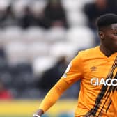 HULL, ENGLAND - JANUARY 16: Di'Shon Bernard of Hull City on the ball during the Sky Bet Championship match between Hull City and Stoke City at KCOM Stadium on January 16, 2022 in Hull, England. (Photo by George Wood/Getty Images)