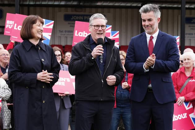 Labour Party leader Sir Keir Starmer (centre) and shadow chancellor Rachel Reeves, celebrate with David Skaith at Northallerton Town Football Club, North Yorkshire, after he won the York and North Yorkshire mayoral election. PIC: Owen Humphreys/PA Wire