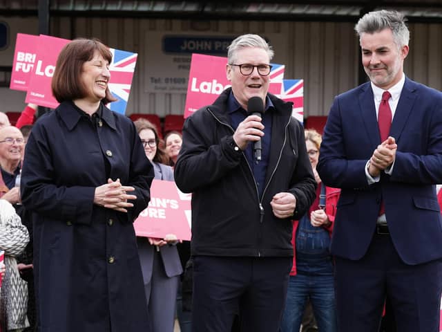 Labour Party leader Sir Keir Starmer (centre) and shadow chancellor Rachel Reeves, celebrate with David Skaith at Northallerton Town Football Club, North Yorkshire, after he won the York and North Yorkshire mayoral election. PIC: Owen Humphreys/PA Wire