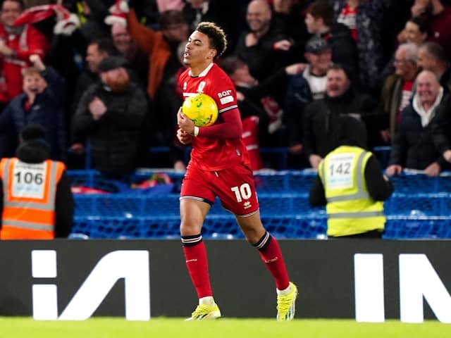 Middlesbrough's Morgan Rogers - a target for Aston Villa - pictured after scoring his side's consolation in their heavy Carabao Cup semi-final second-leg defeat at Chelsea. Picture: Zac Goodwin/PA Wire.