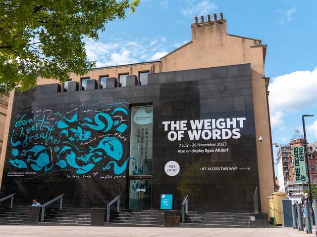 Anthony (Vahni) Capildeo, Word Fishing 2023, illustrated by Molly Fairhurst, on display at the Henry Moore Institute, Leeds as part of The Weight of Words. Courtesy the artists and the Henry Moore Institute. Photo: Min Young Lim