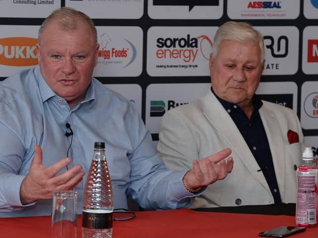 Rotherham United chairman Tony Stewart (right), pictured alongside Steve Evans at his recent managerial unveiling after returning to the club. Picture: Kerrie Beddows.