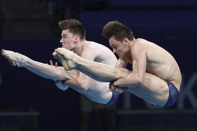 MAKING A SPLASH: Tom Daley and Matty Lee of Team Great Britain compete during the Men's Synchronised 10m Platform Final on day three of the Tokyo 2020 Olympic Games. Daley will be in action against at Paris 2024. Picture: Jean Catuffe/Getty Images