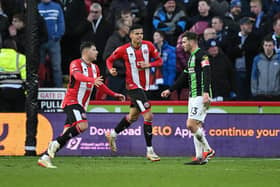 Sheffield United's Will Osula celebrates after scoring the team's second goal during the FA Cup fourth-round tie against Brighton at Bramall Lane. Photo by Clive Mason/Getty Images.