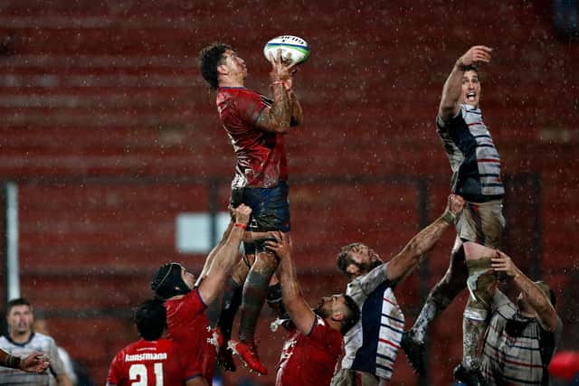 Chile's Martin Sigren grabs the ball during their Rugby World Cup 2023 Americas 2 play-off first leg match against the US, at the Santa Laura Universidad SEK stadium, in Santiago, on July 9, 2022. (Picture: JAVIER TORRES/AFP via Getty Images)