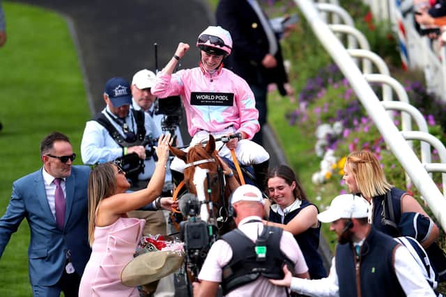 FIRST HOME: Jockey Sean Kirrane celebrates on Live In The Dream after winning the Coolmore Wootton Bassett Nunthorpe Stakes at York Racecourse. Picture: Simon Marper/PA