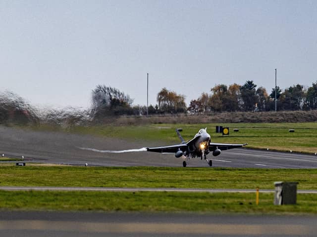 A Swiss Air Force F-18 Hornet on  Exercise YORKNITE takes off at RAF Leeming in North Yorkshire