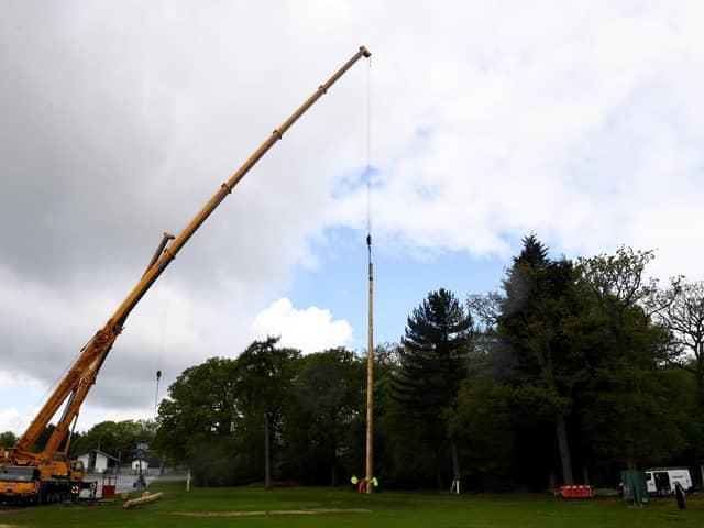 Two 100ft Douglas Fir poles have been craned into place at the Showground ready for the spectacular Great Yorkshire Show Pole Climbing Championships.