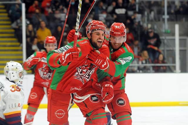 HIT MAN: Brandon McNally celebrates scoring for Cardiff Devils against Guildford Flames last season. He hopes to win more silverware with Sheffield Steelers during the 2022-23 Elite League campaign. Picture: Dave Williams/EIHL