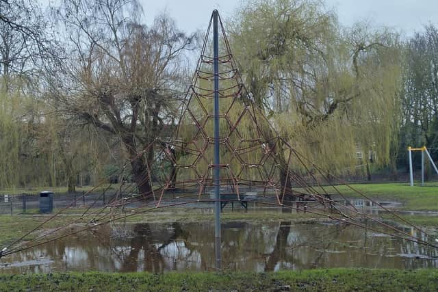 Areas of the playpark remain blocked off as they are wet muddy swamp areas, and the ground is saturated.
