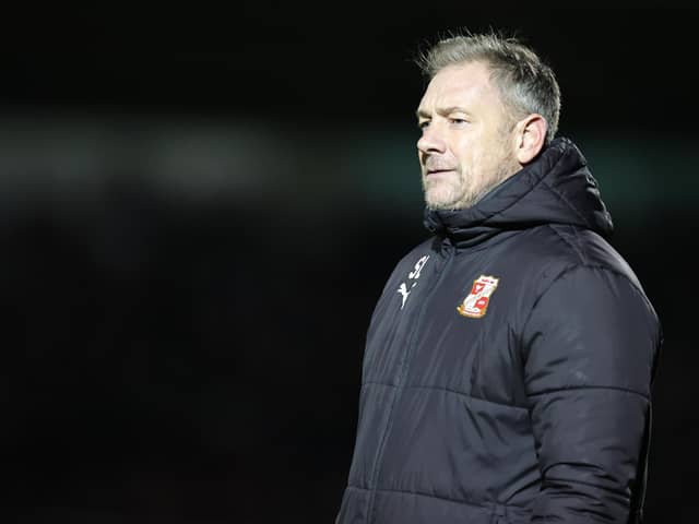 NORTHAMPTON, ENGLAND - DECEMBER 29: Swindon Town manager Scott Lindsey looks on during the Sky Bet League Two between Northampton Town and Swindon Town at Sixfields on December 29, 2022 in Northampton, England. (Photo by Pete Norton/Getty Images)