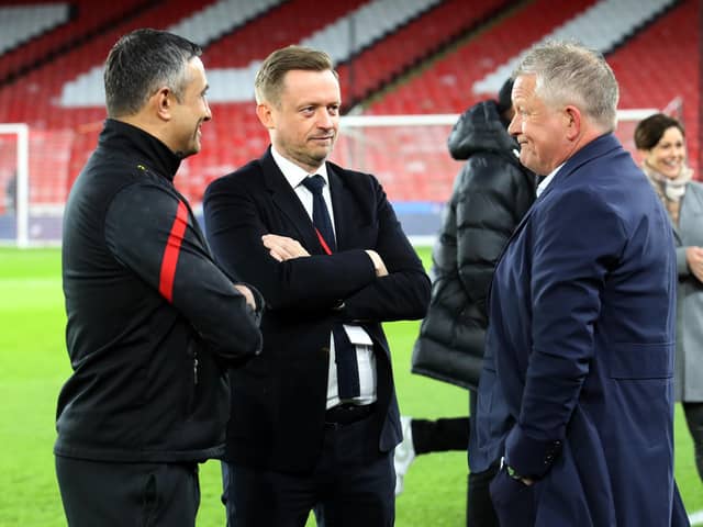 Stephen Bettis (centre), chief executive officer at Sheffield United, pictured chatting with manager Chris Wilder and coach Jack Lester. Picture: Simon Bellis/Sportimage.