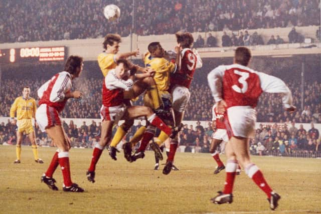 EPIC: Carl Shutt and Chris Fairclough compete for the ball in Leeds United's second fourth round replay at Highbury. It was drawn 0-0, setting up another