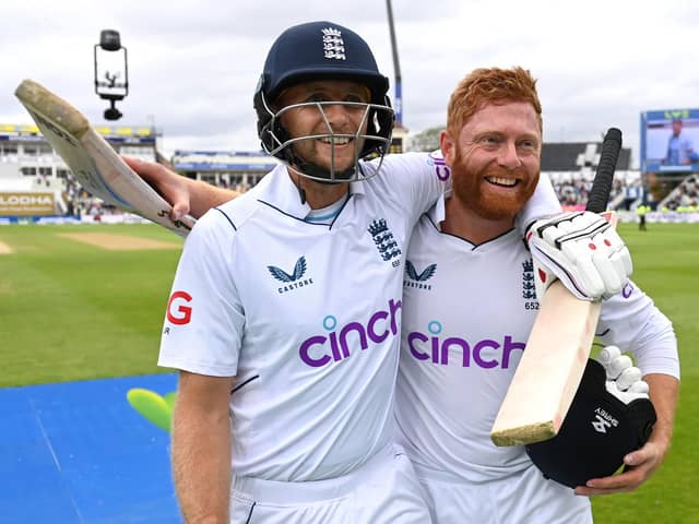 Joe Root and Jonny Bairstow, pictured celebrating England's victory over India at Edgbaston last summer, have been awarded annual central contracts. Photo by Gareth Copley/Getty Images.