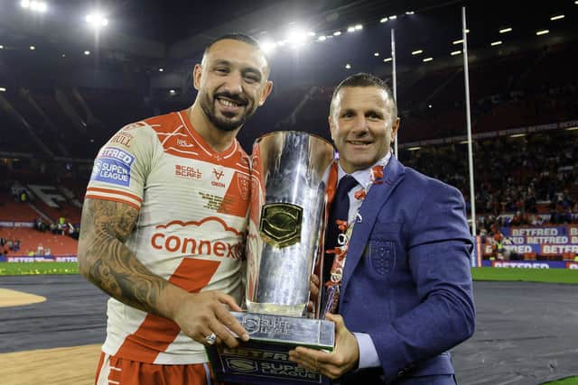 Willie Peters, right, holds the Super League trophy alongside Elliot Minchella. (Photo: Allan McKenzie/SWpix.com)